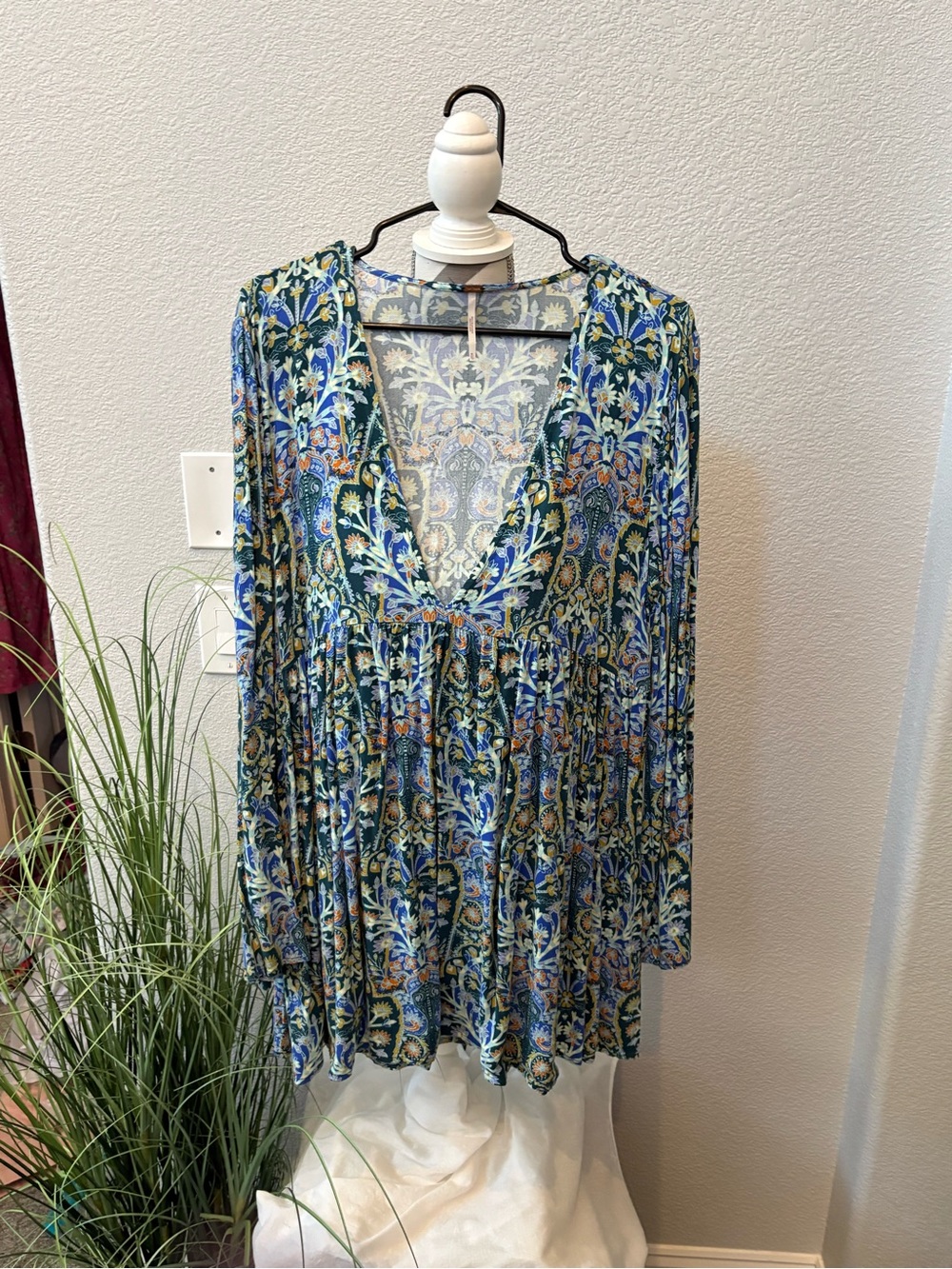 Free People Boho V-Neck Tunic in Blue Multi Floral